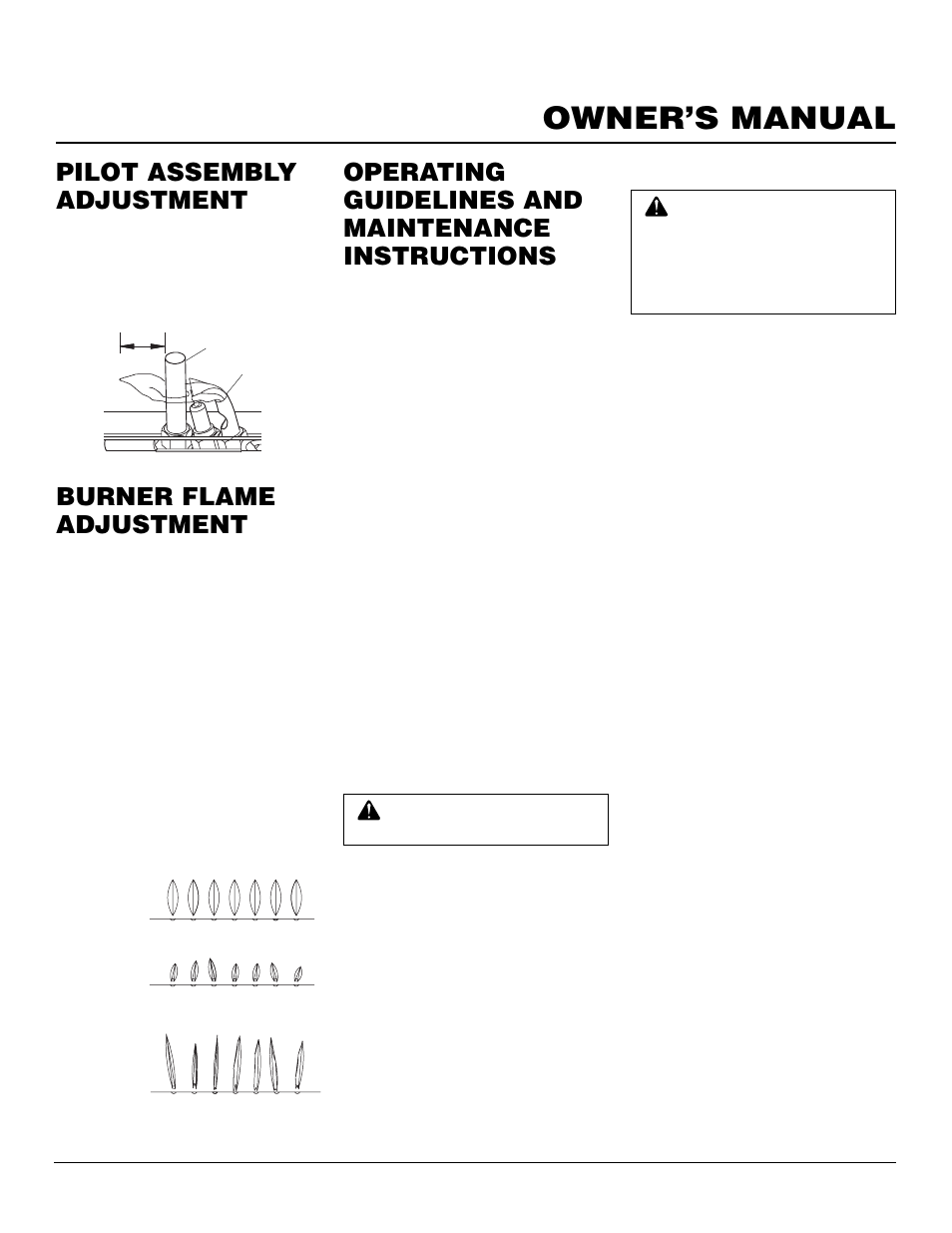 Owner’s manual, Operating guidelines and maintenance instructions, Pilot assembly adjustment | Burner flame adjustment | Desa EVGL850N User Manual | Page 13 / 20