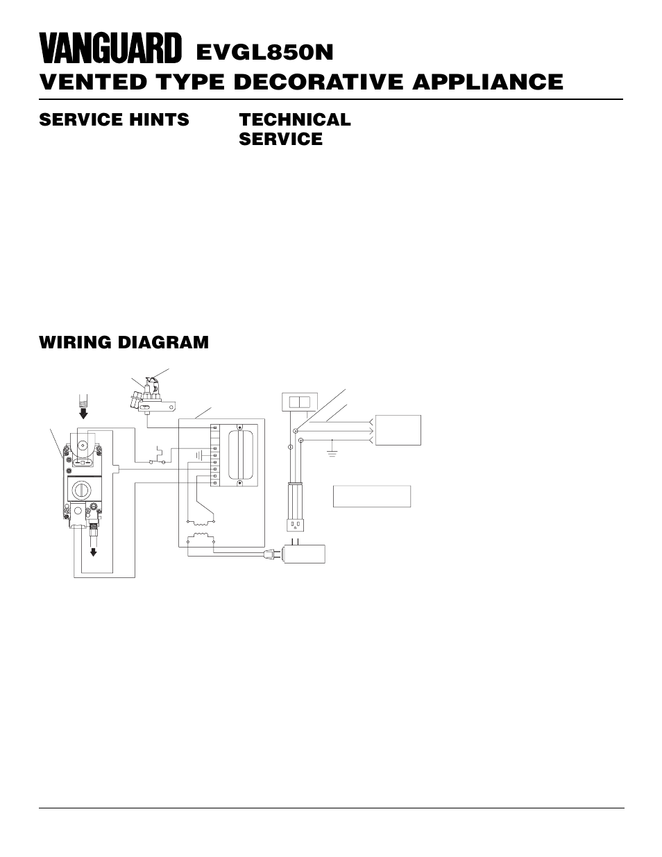 Vented type decorative appliance evgl850n, Technical service, Service hints | Wiring diagram, When gas pressure is too low, When gas quality is bad, Control valve pilot | Desa EVGL850N User Manual | Page 14 / 20