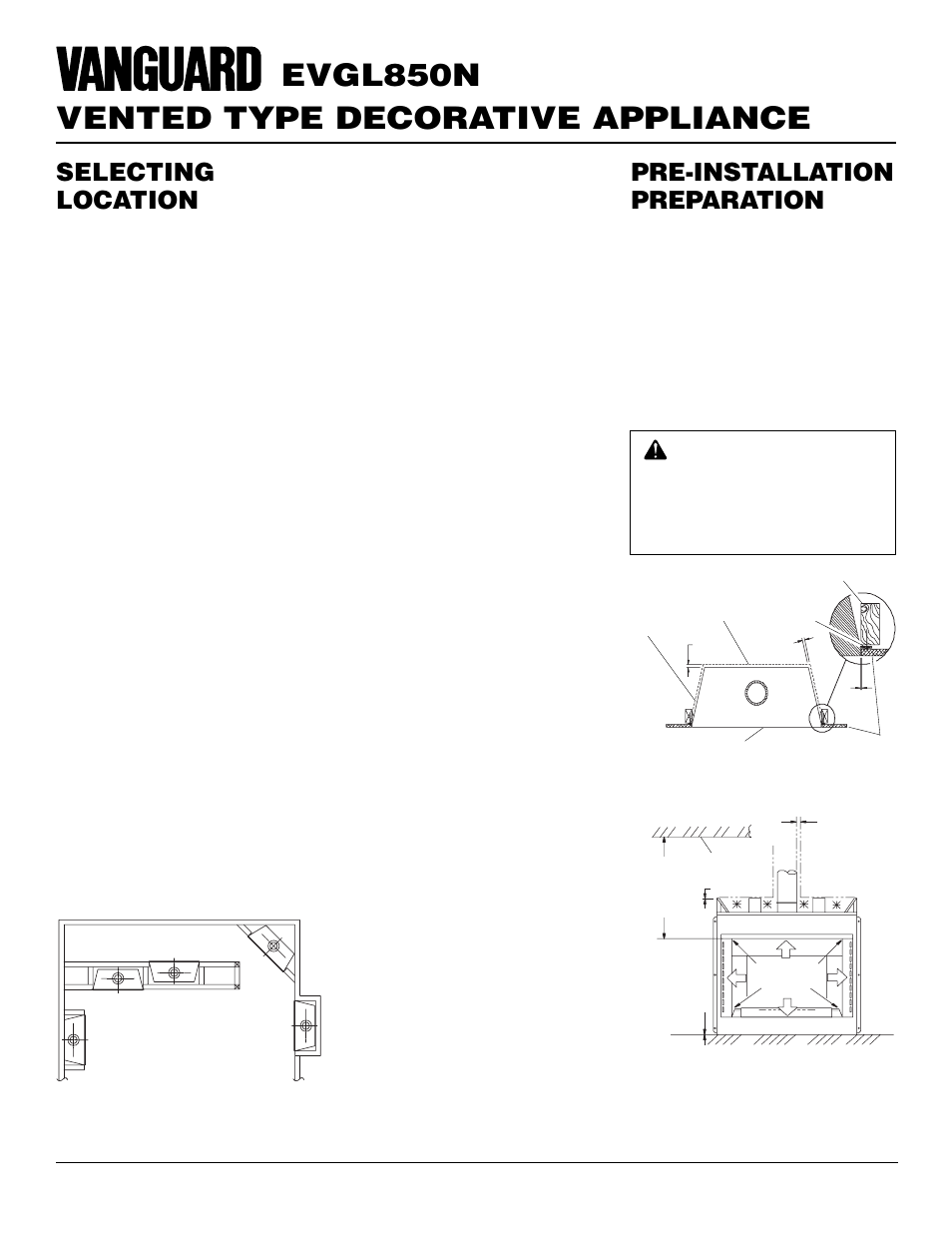 Vented type decorative appliance evgl850n, Pre-installation preparation, Selecting location | Clearances | Desa EVGL850N User Manual | Page 4 / 20