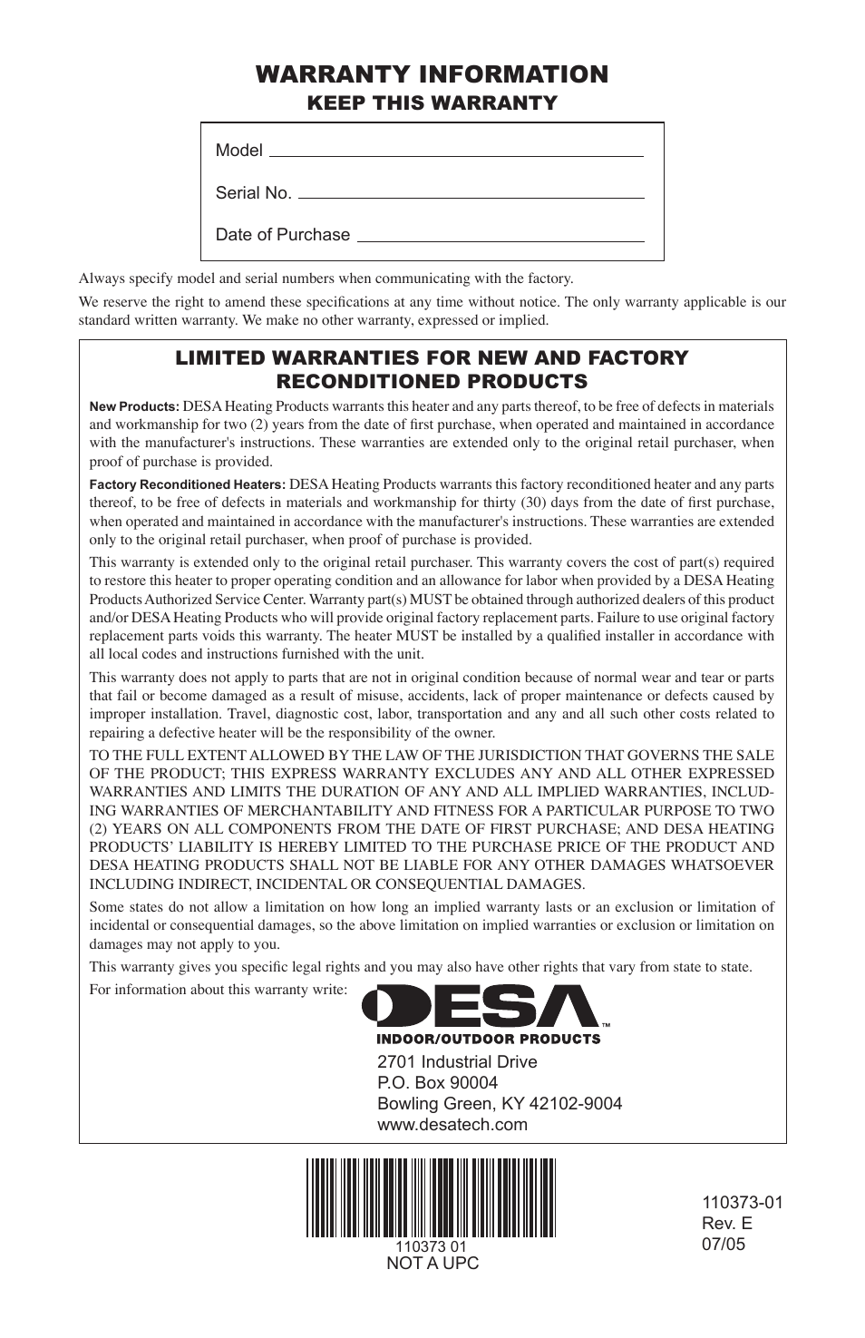Warranty information, Keep this warranty | Desa RH10PT User Manual | Page 20 / 20