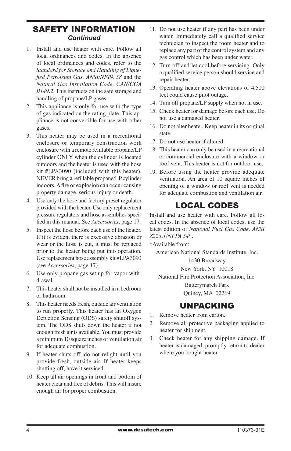 Local codes, Unpacking, Safety information | Desa RH10PT User Manual | Page 4 / 20