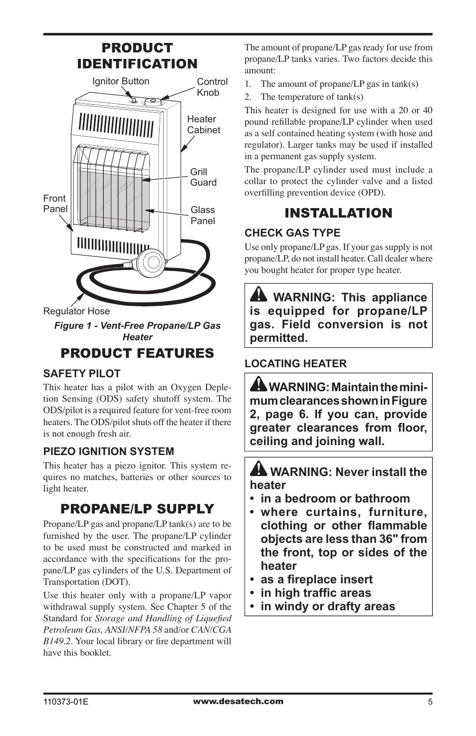 Product identification, Product features, Propane/lp supply | Installation, Product identification product features | Desa RH10PT User Manual | Page 5 / 20