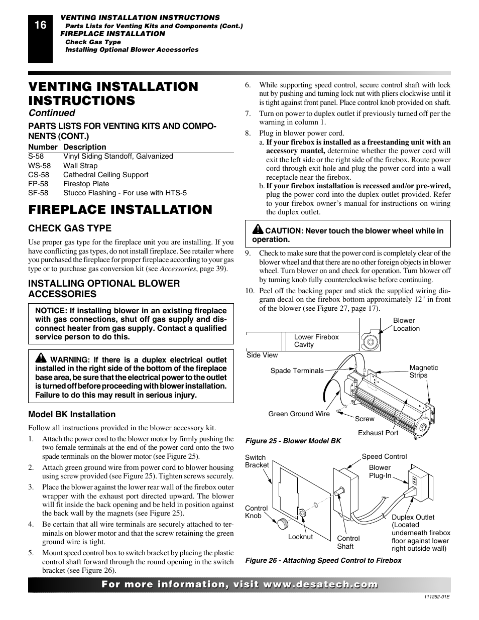 Fireplace installation, Venting installation instructions, Continued | Desa CHDV36NR-C User Manual | Page 16 / 40