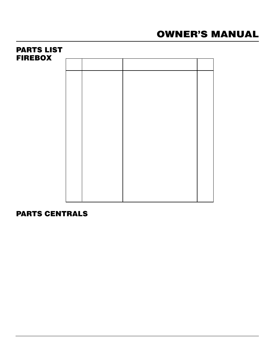 Owner’s manual, Parts list firebox, Parts centrals | Cgfb32c | Desa CGFB32C User Manual | Page 13 / 14