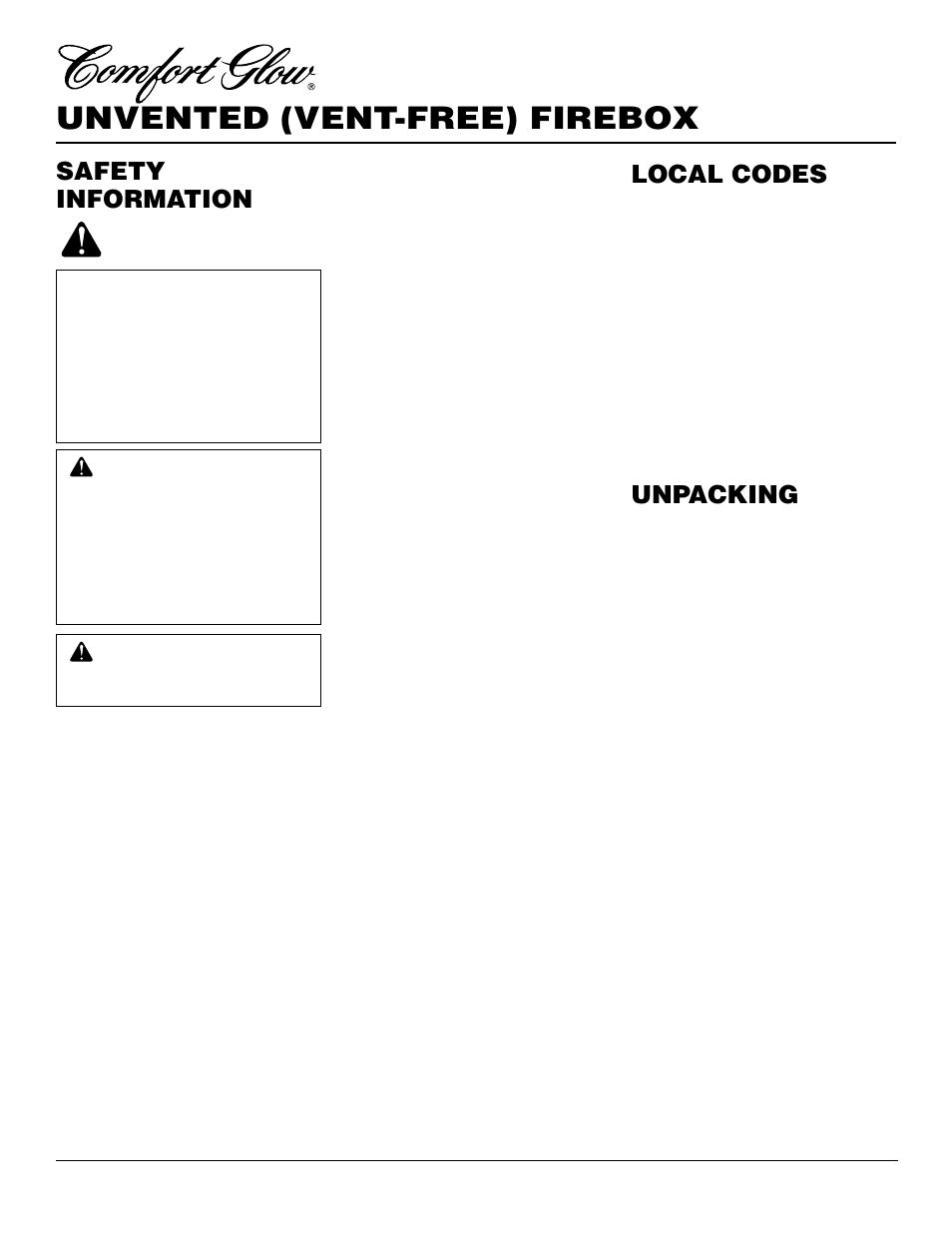 Unvented (vent-free) firebox, Safety information, Unpacking | Local codes, Warnings | Desa CGFB32C User Manual | Page 2 / 14