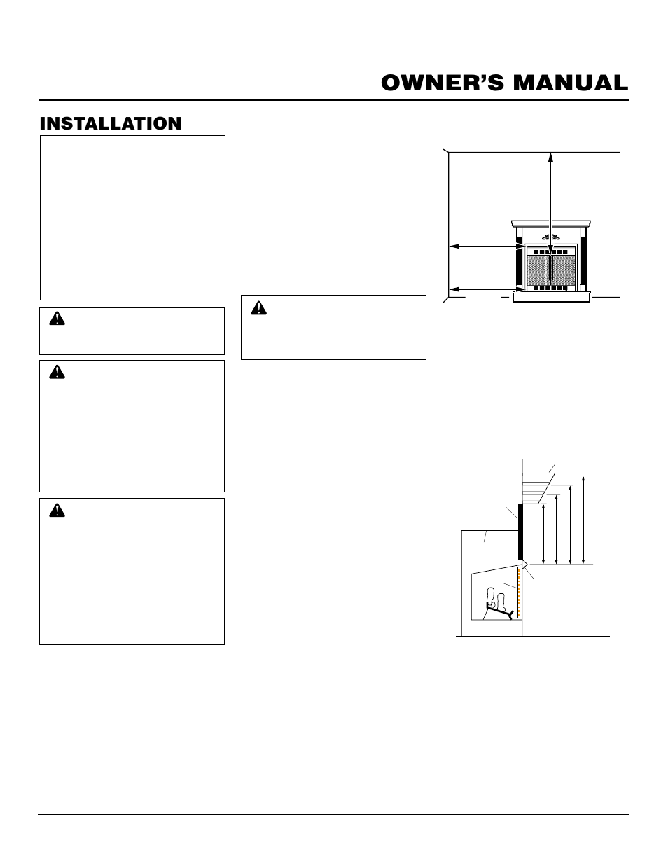 Owner’s manual, Installation, Installation clearances | Minimum wall and ceiling clearances (see figure 6), Mantel clearances for built-in installation, Mantel clearances for conventional installation | Desa CGFB32C User Manual | Page 7 / 14