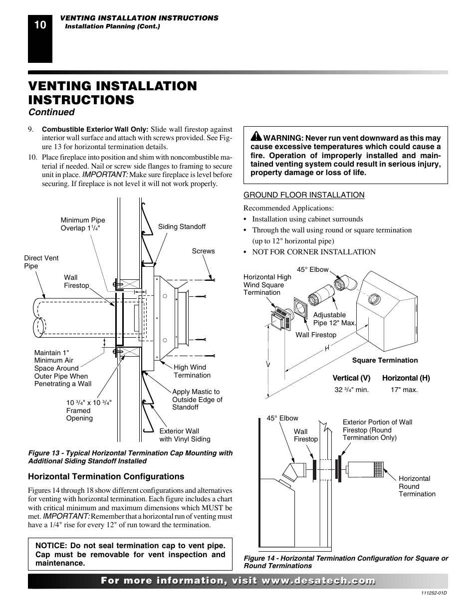 Venting installation instructions, Continued | Desa V36P-A User Manual | Page 10 / 40