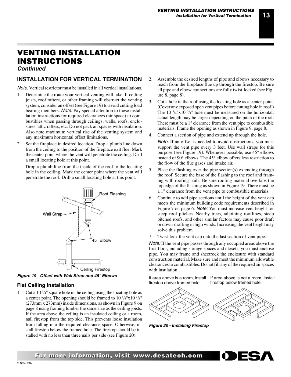 Venting installation instructions, Continued, Installation for vertical termination | Desa V36P-A User Manual | Page 13 / 40