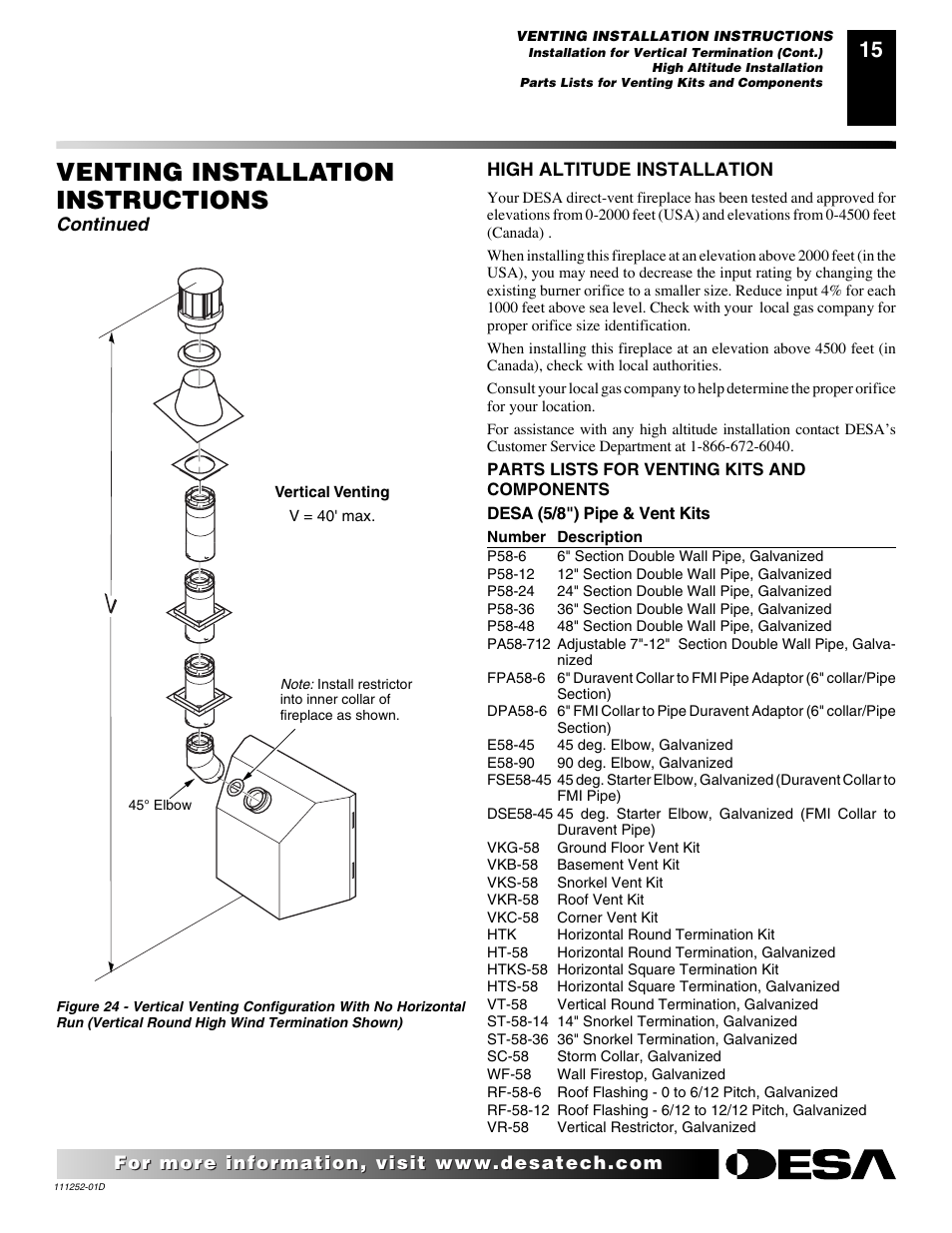 Venting installation instructions, Continued, High altitude installation | Desa V36P-A User Manual | Page 15 / 40