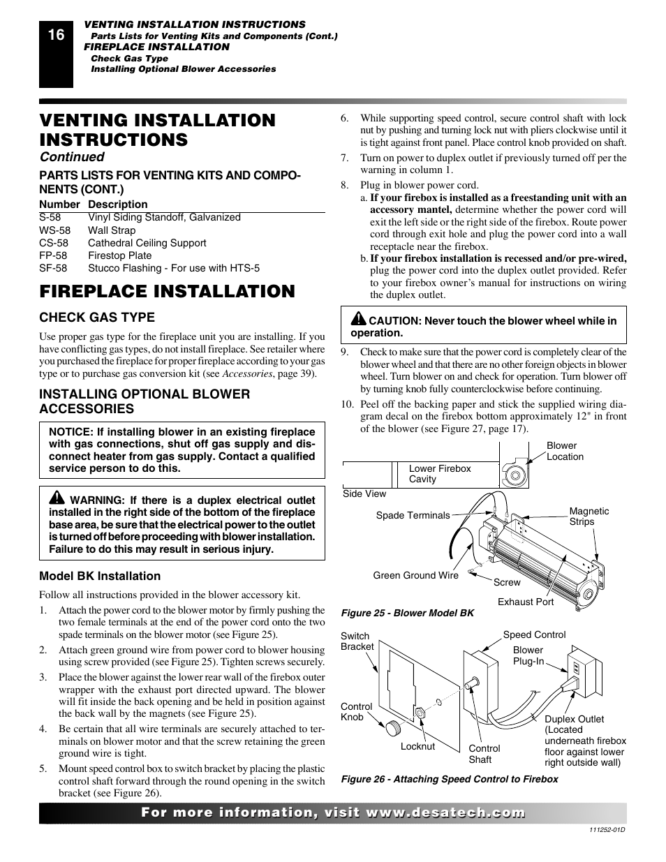 Fireplace installation, Venting installation instructions, Continued | Desa V36P-A User Manual | Page 16 / 40