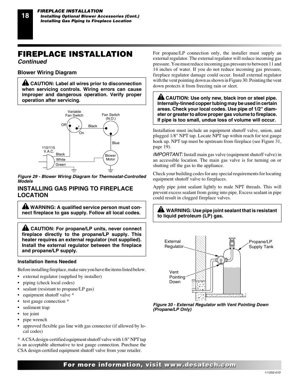 Fireplace installation, Continued, Installing gas piping to fireplace location | Desa V36P-A User Manual | Page 18 / 40