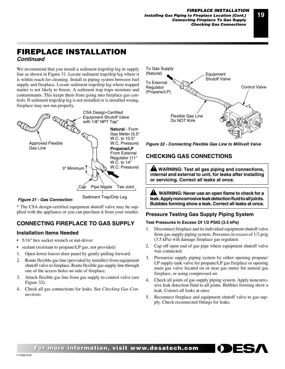 Fireplace installation, Continued | Desa V36P-A User Manual | Page 19 / 40