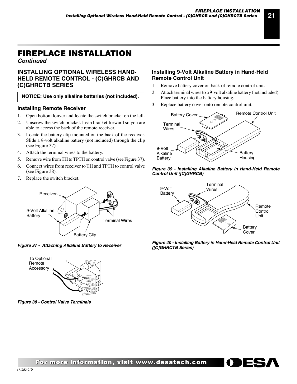 Fireplace installation, Continued | Desa V36P-A User Manual | Page 21 / 40