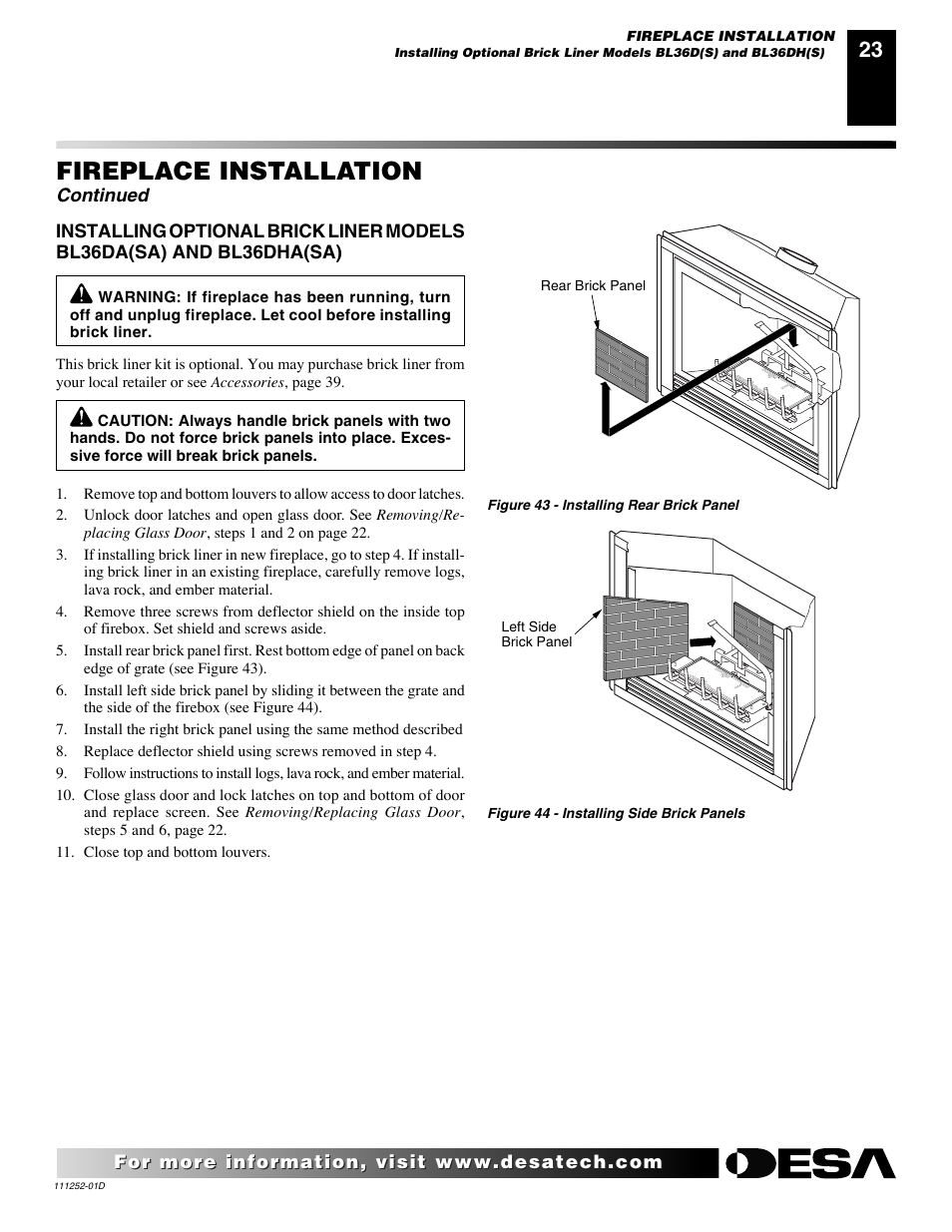 Fireplace installation, Continued | Desa V36P-A User Manual | Page 23 / 40