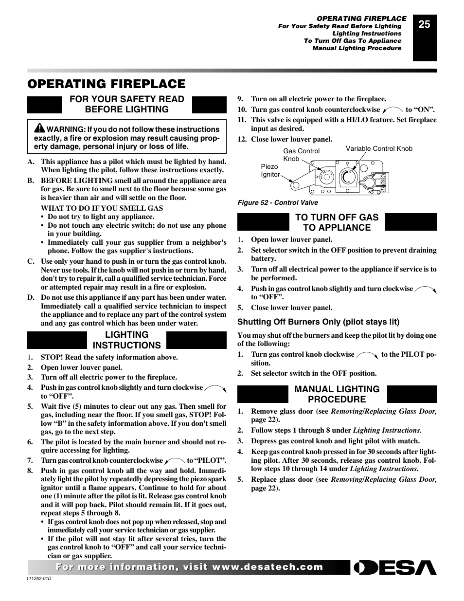 Operating fireplace, Lighting instructions, Manual lighting procedure | For your safety read before lighting | Desa V36P-A User Manual | Page 25 / 40