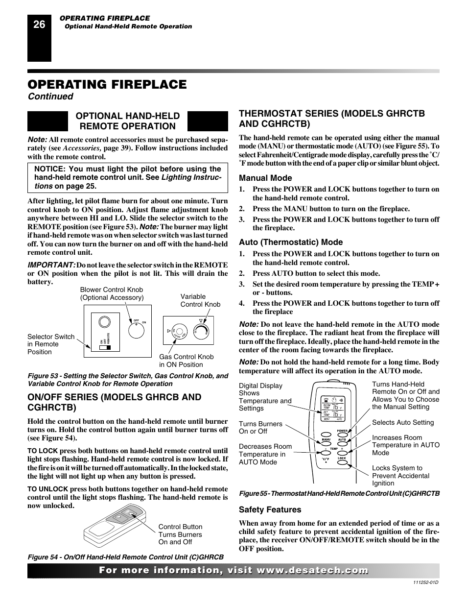 Operating fireplace, Continued, On/off series (models ghrcb and cghrctb) | Thermostat series (models ghrctb and cghrctb), Optional hand-held remote operation, Manual mode, Auto (thermostatic) mode, Safety features | Desa V36P-A User Manual | Page 26 / 40