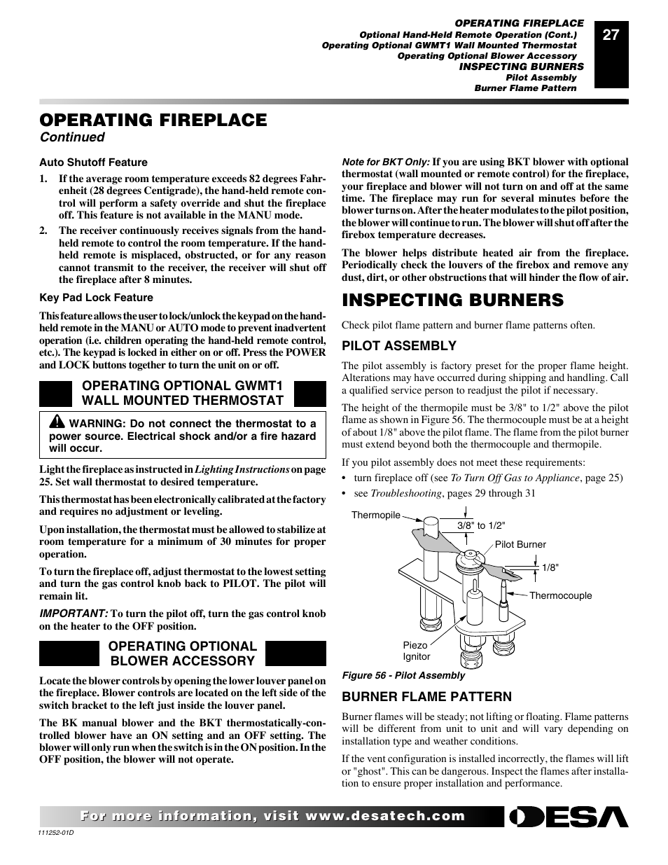 Operating fireplace, Inspecting burners, Continued | Desa V36P-A User Manual | Page 27 / 40