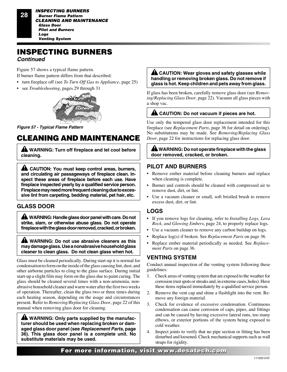 Cleaning and maintenance, Inspecting burners | Desa V36P-A User Manual | Page 28 / 40