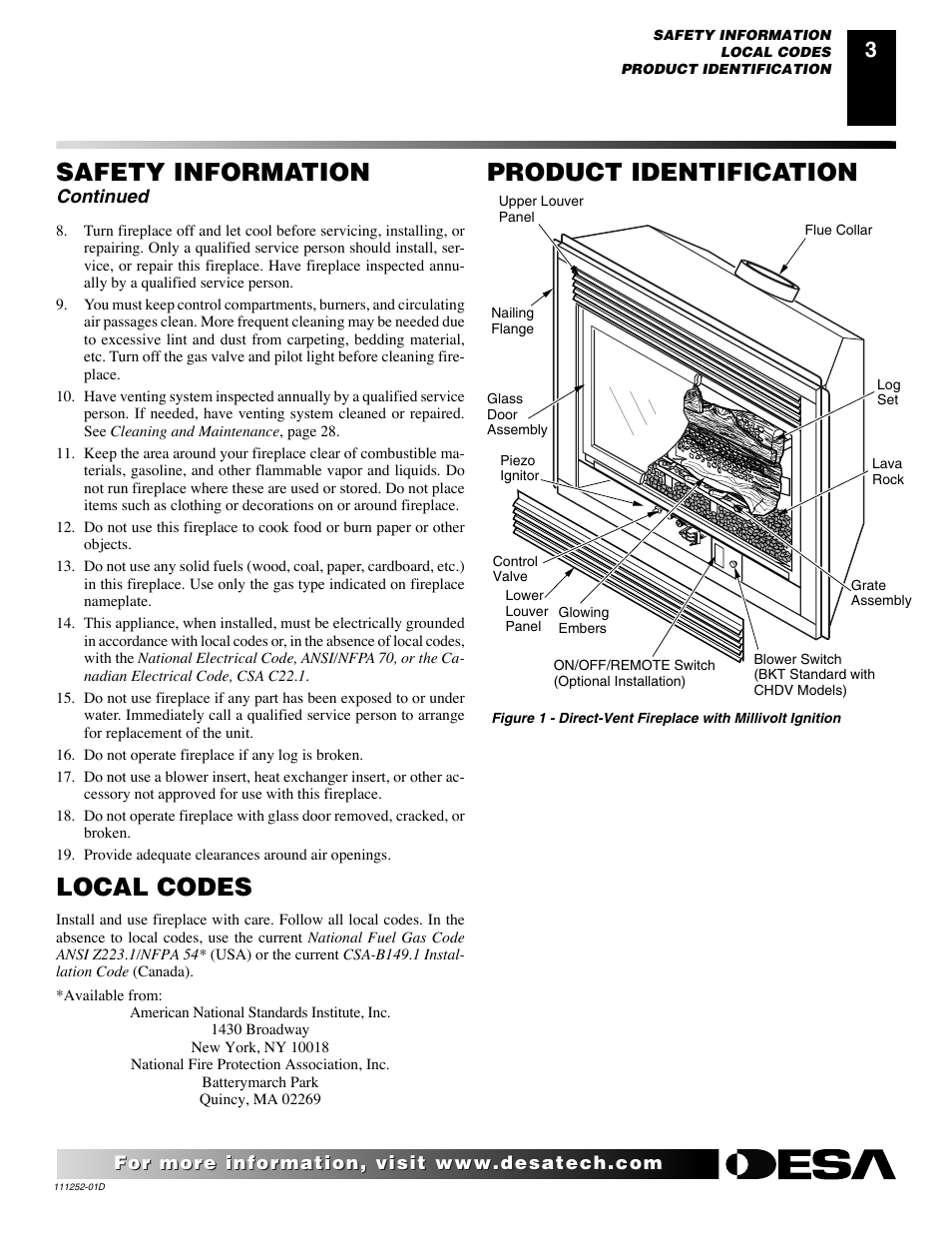 Safety information, Product identification, Local codes | Continued | Desa V36P-A User Manual | Page 3 / 40