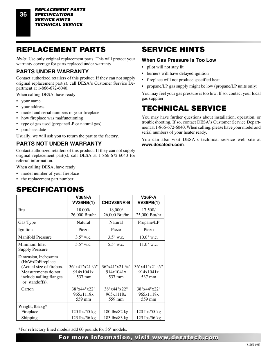 Specifications service hints, Technical service, Replacement parts | Desa V36P-A User Manual | Page 36 / 40