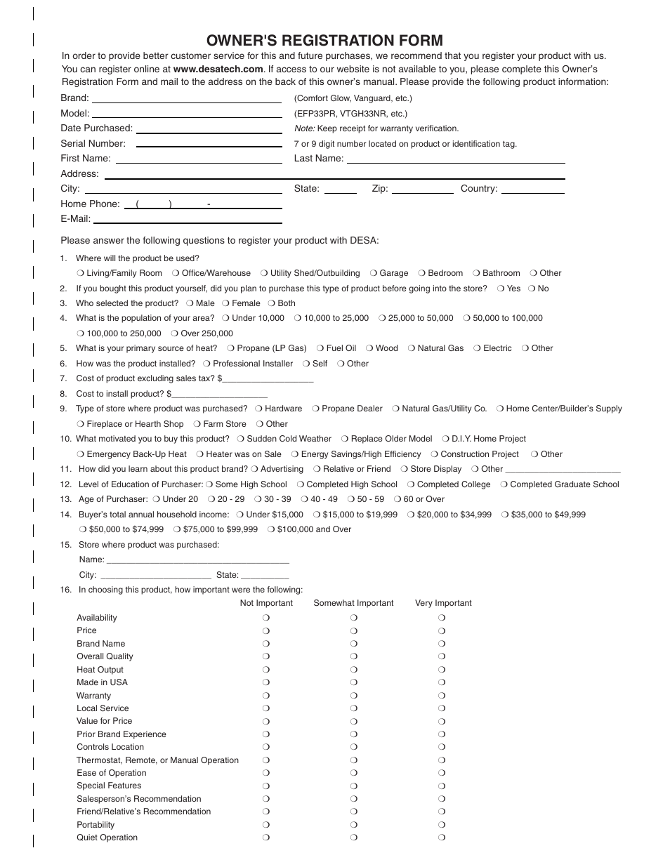 Owner's registration form | Desa V36P-A User Manual | Page 37 / 40