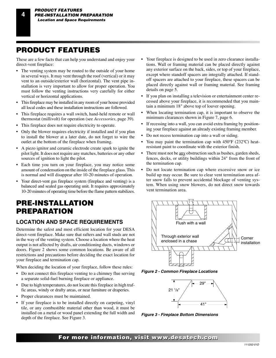 Product features, Pre-installation preparation | Desa V36P-A User Manual | Page 4 / 40