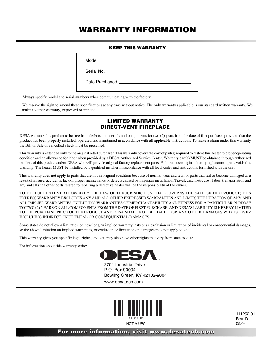 Warranty information | Desa V36P-A User Manual | Page 40 / 40