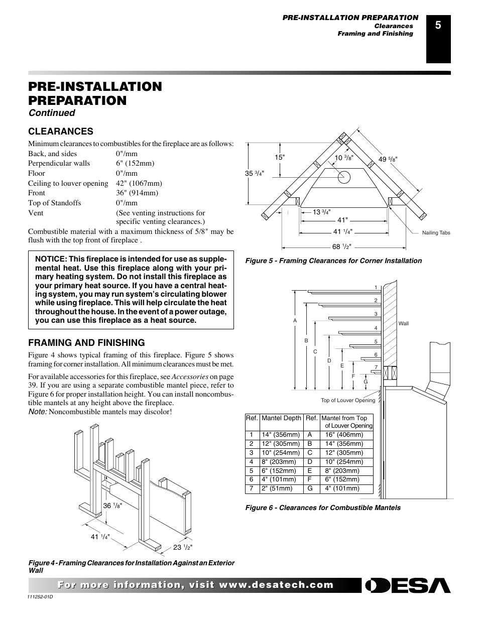 Pre-installation preparation, Continued, Clearances | Framing and finishing | Desa V36P-A User Manual | Page 5 / 40