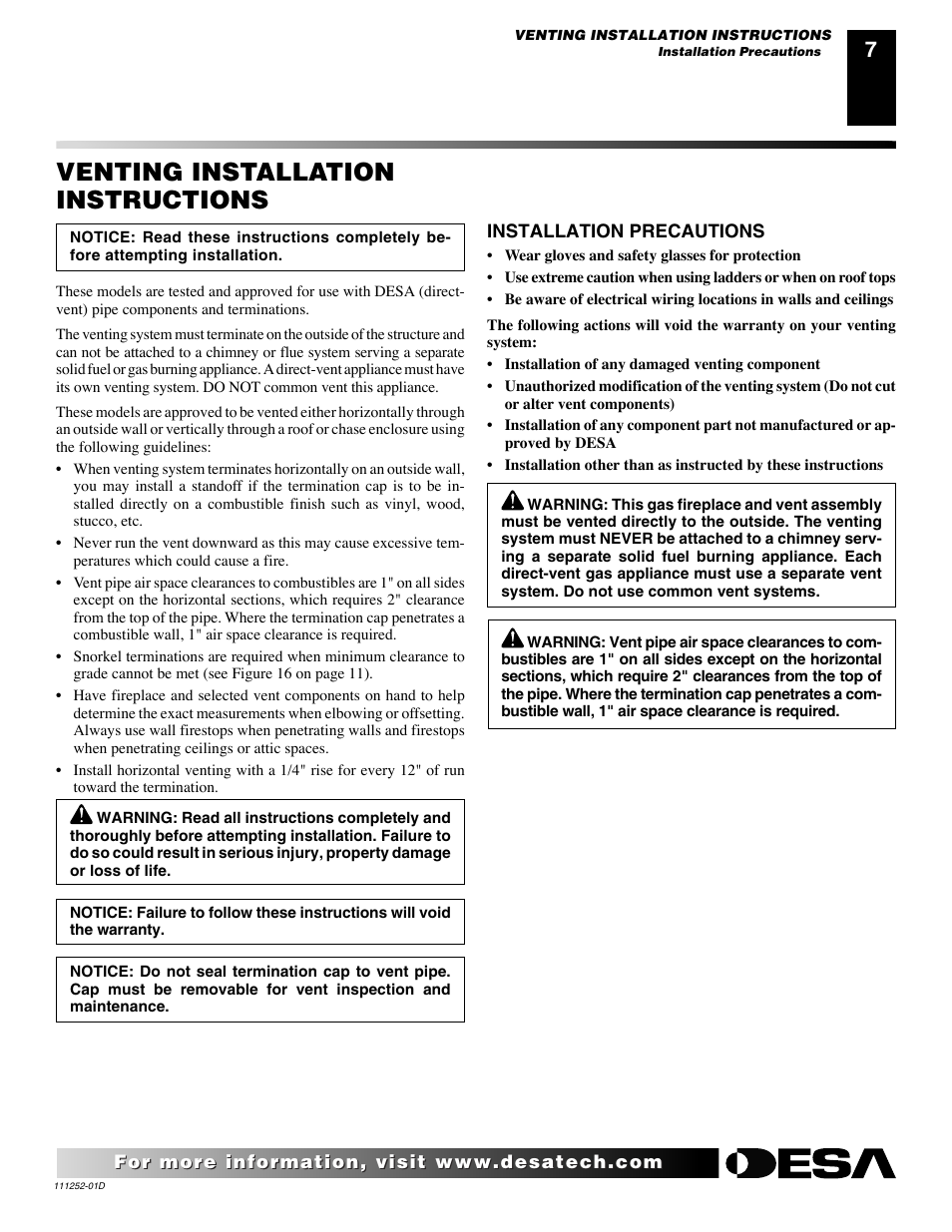 Venting installation instructions | Desa V36P-A User Manual | Page 7 / 40