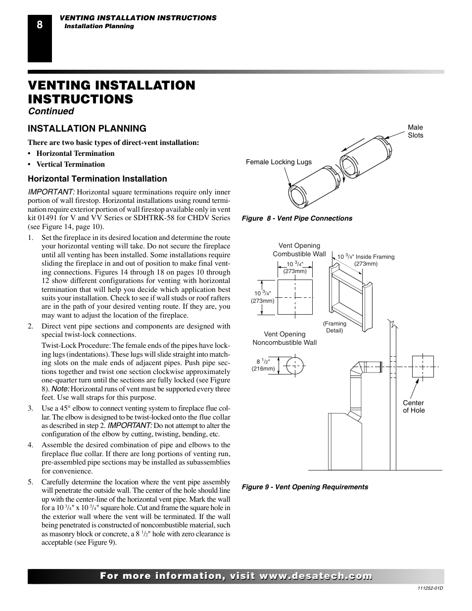 Venting installation instructions, Continued, Installation planning | Horizontal termination installation | Desa V36P-A User Manual | Page 8 / 40