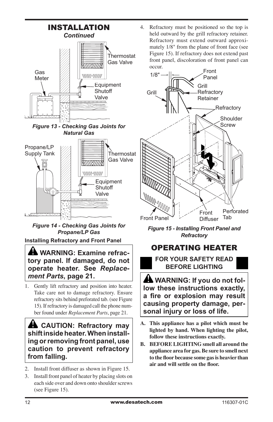 Operating heater, Installation | Desa VSF30PT User Manual | Page 12 / 48