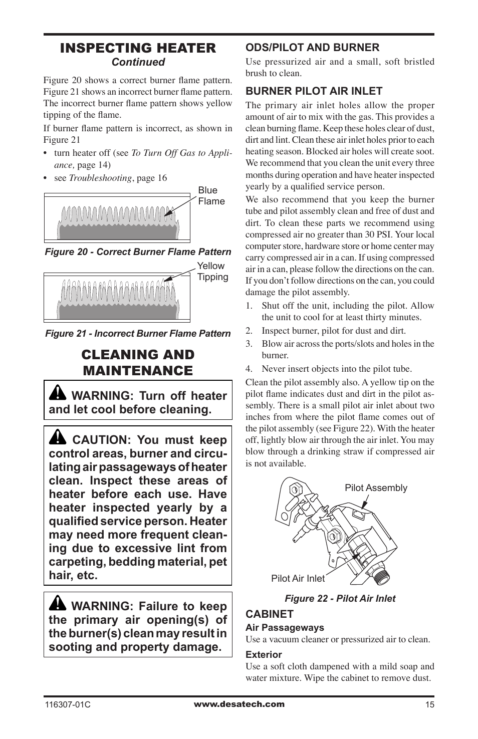 Cleaning and maintenance, Inspecting heater | Desa VSF30PT User Manual | Page 15 / 48