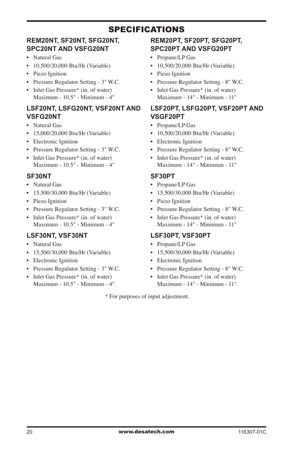 Specifications | Desa VSF30PT User Manual | Page 20 / 48