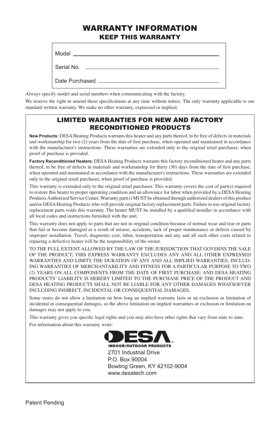 Warranty information, Keep this warranty | Desa VSF30PT User Manual | Page 24 / 48