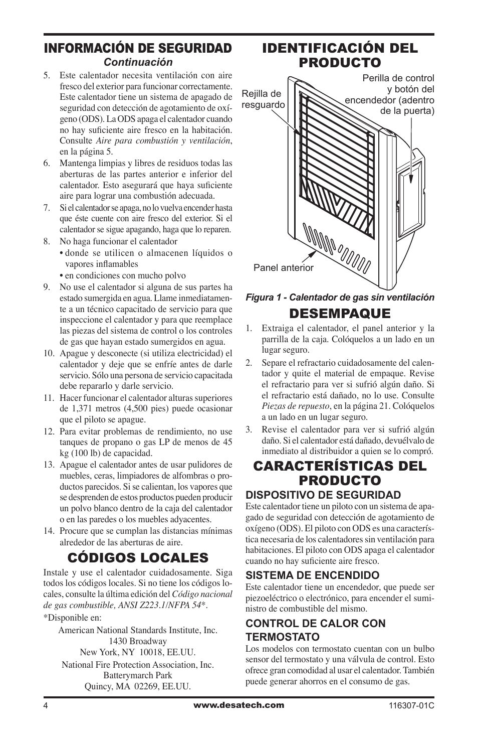 Códigos locales, Identificación del producto, Desempaque | Características del producto, Información de seguridad | Desa VSF30PT User Manual | Page 28 / 48