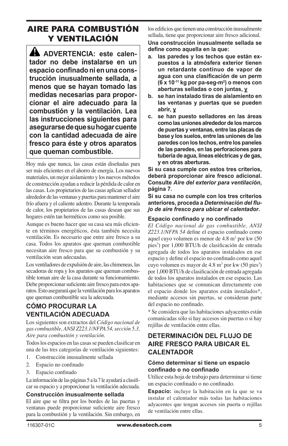 Aire para combustión y ventilación | Desa VSF30PT User Manual | Page 29 / 48