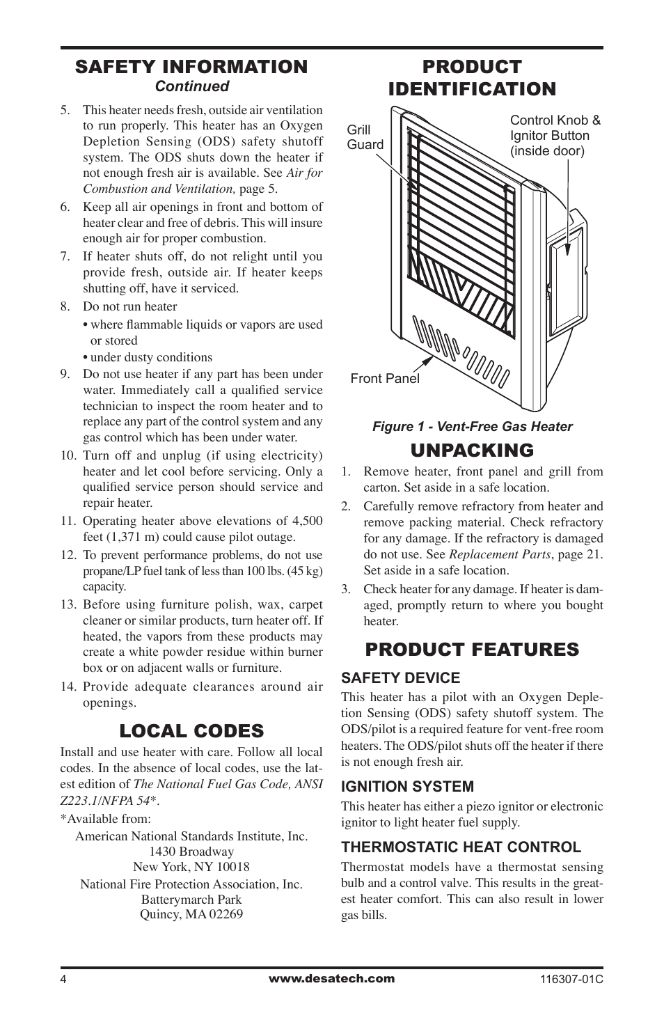 Local codes, Product identification, Unpacking | Product features, Safety information | Desa VSF30PT User Manual | Page 4 / 48