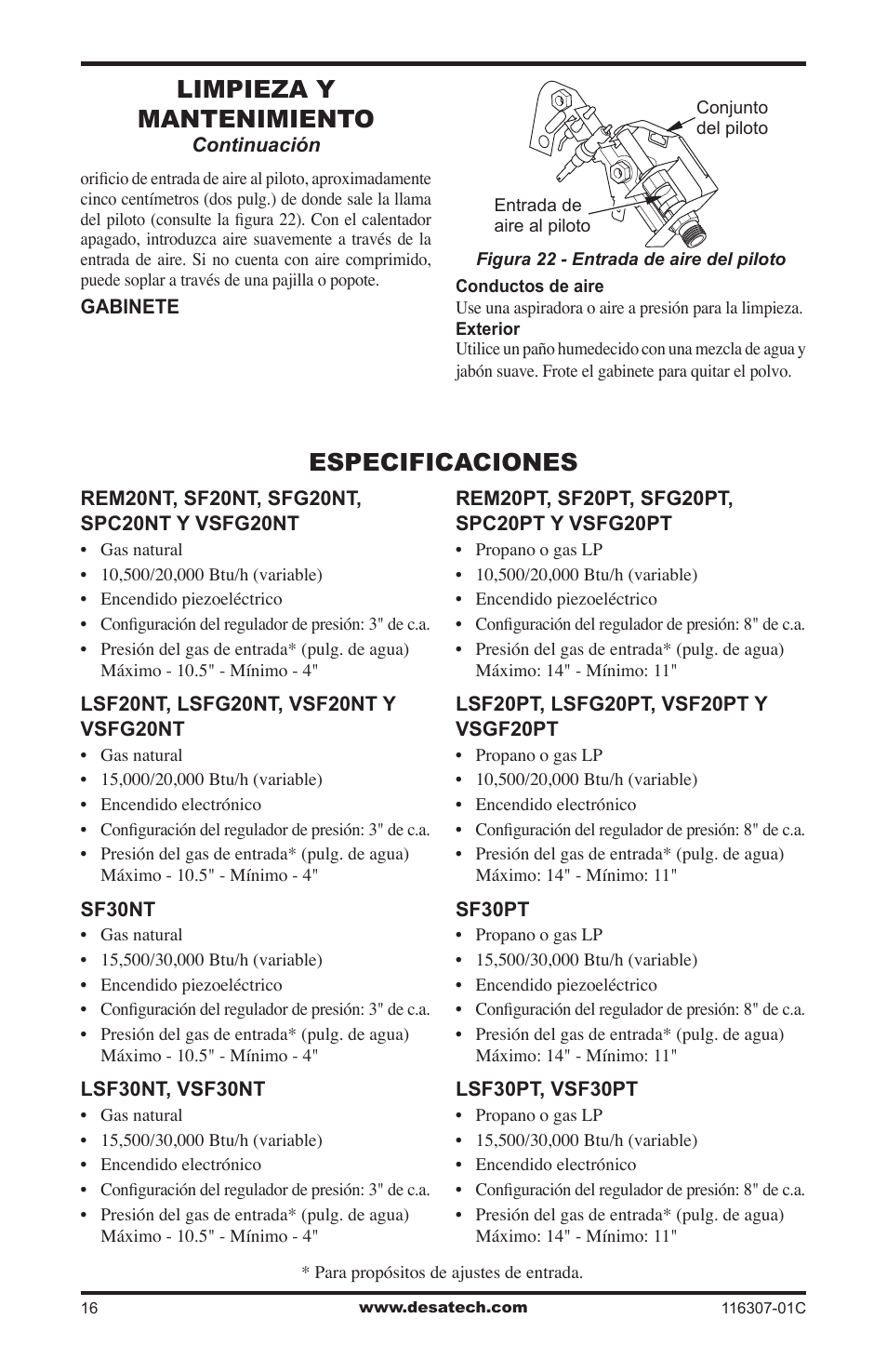 Especificaciones, Limpieza y mantenimiento | Desa VSF30PT User Manual | Page 40 / 48