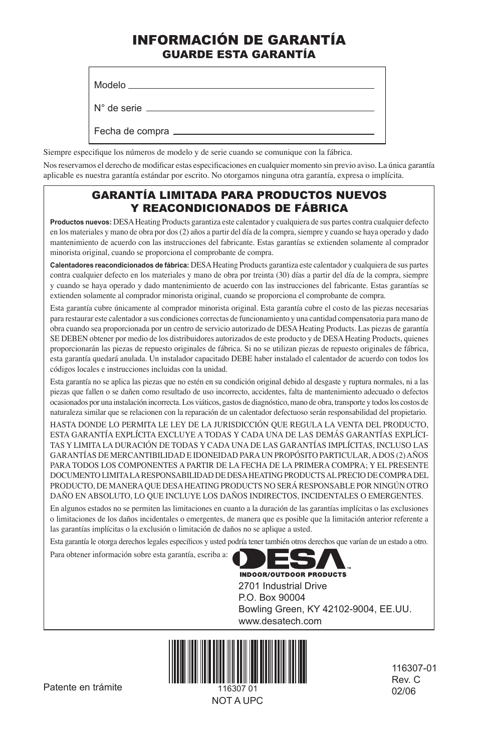 Información de garantía, Guarde esta garantía | Desa VSF30PT User Manual | Page 48 / 48