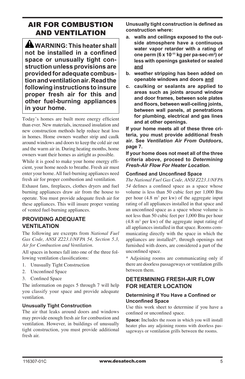 Air for combustion and ventilation | Desa VSF30PT User Manual | Page 5 / 48