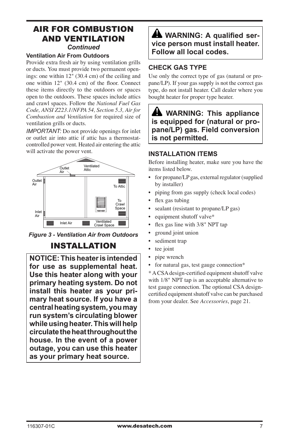 Installation, Air for combustion and ventilation | Desa VSF30PT User Manual | Page 7 / 48