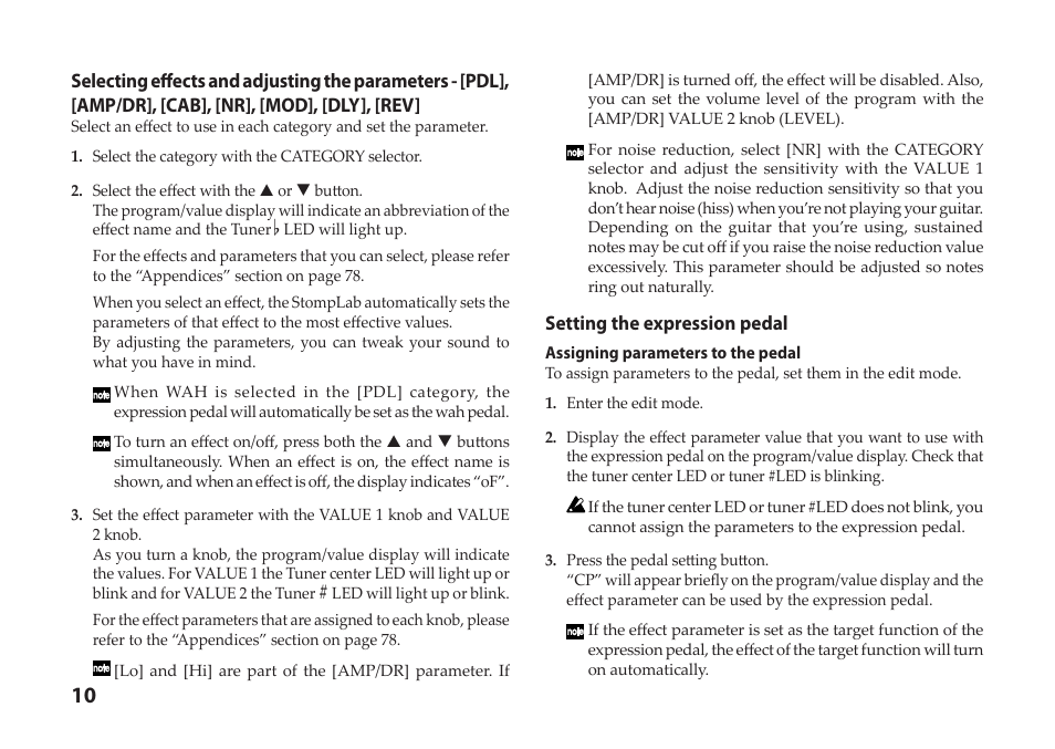 Expression pedal”), Setting the expression pedal | Vox StompLab IIG Modeling Guitar Effect Processor Pedal User Manual | Page 10 / 84