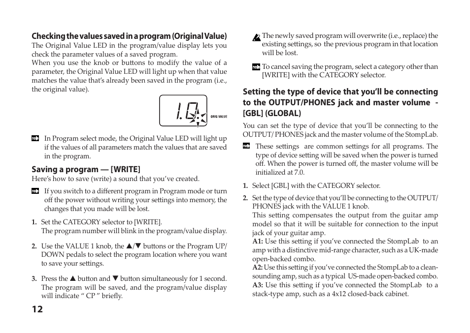 Saving a program — [write | Vox StompLab IIG Modeling Guitar Effect Processor Pedal User Manual | Page 12 / 84