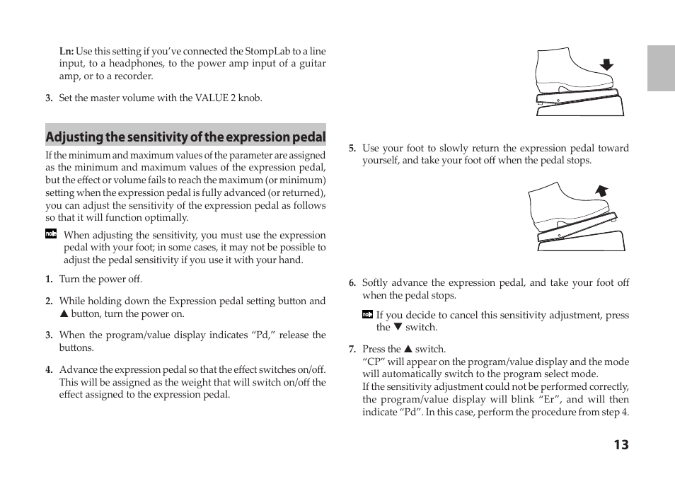 Adjusting the sensitivity of the expression pedal | Vox StompLab IIG Modeling Guitar Effect Processor Pedal User Manual | Page 13 / 84