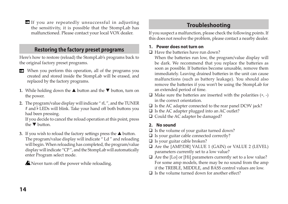 Restoring the factory preset programs, Troubleshooting | Vox StompLab IIG Modeling Guitar Effect Processor Pedal User Manual | Page 14 / 84