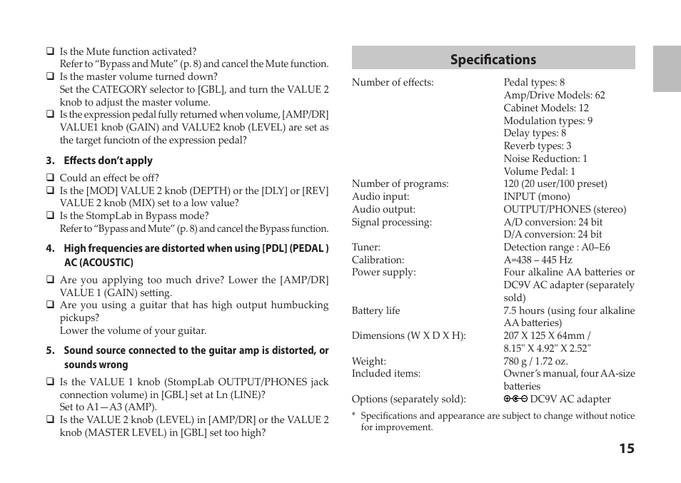 Specifications | Vox StompLab IIG Modeling Guitar Effect Processor Pedal User Manual | Page 15 / 84