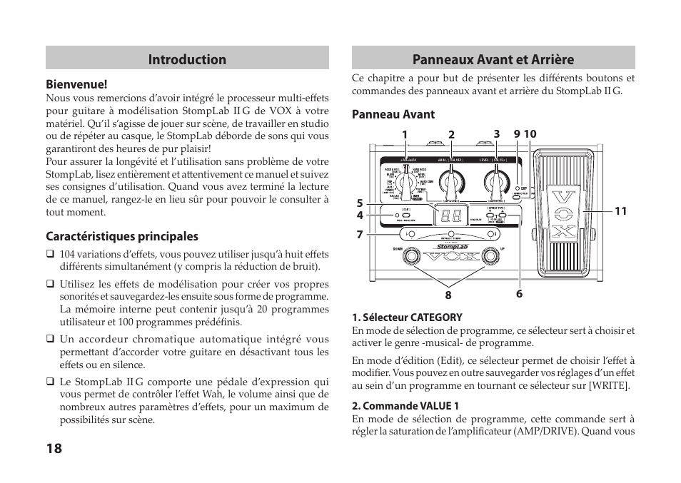 18 introduction, Panneaux avant et arrière | Vox StompLab IIG Modeling Guitar Effect Processor Pedal User Manual | Page 18 / 84