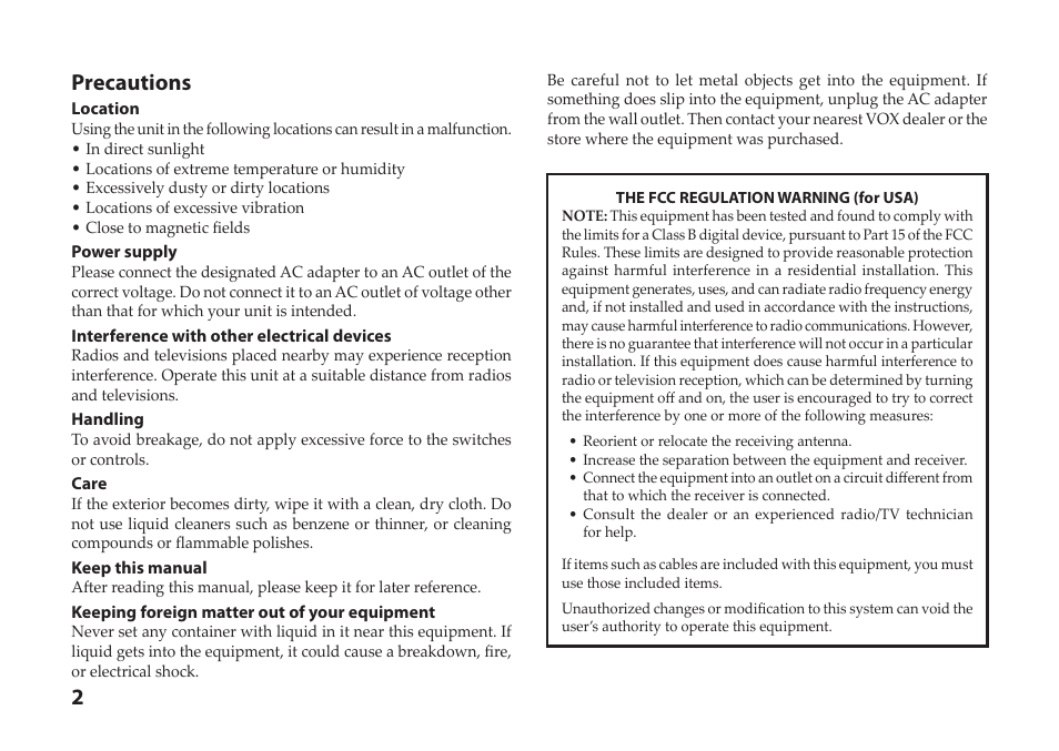 English, 2precautions | Vox StompLab IIG Modeling Guitar Effect Processor Pedal User Manual | Page 2 / 84