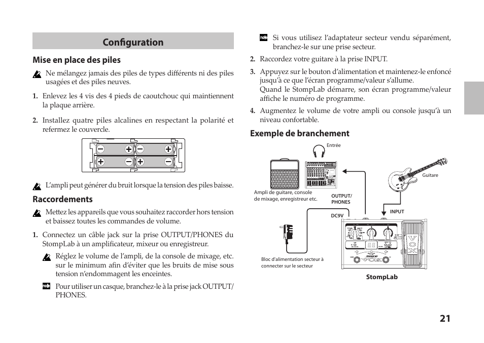 21 configuration, Mise en place des piles, Raccordements | Exemple de branchement | Vox StompLab IIG Modeling Guitar Effect Processor Pedal User Manual | Page 21 / 84