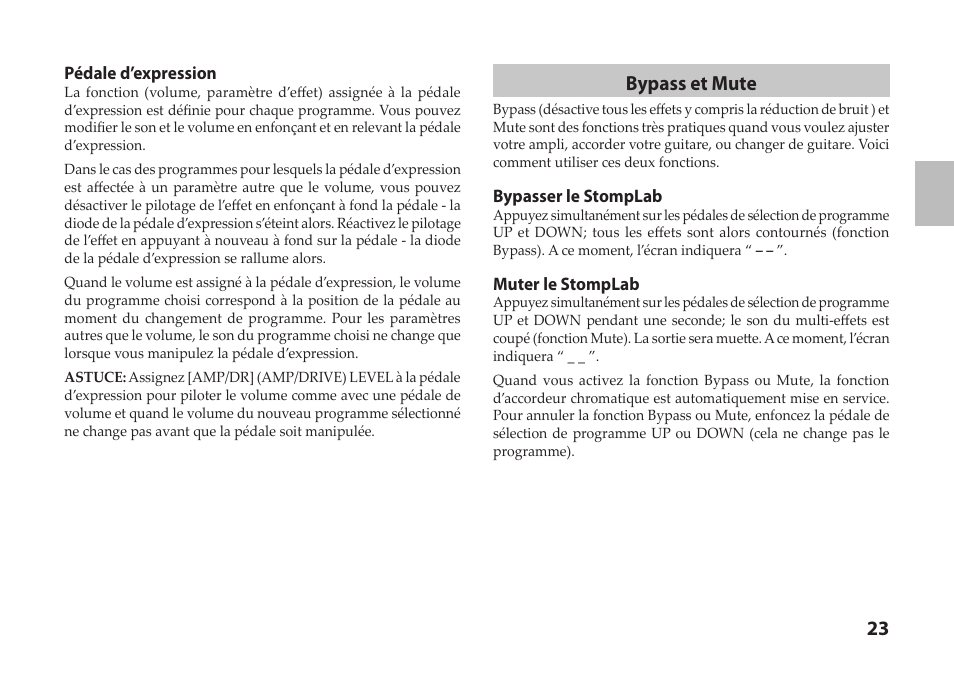 Pédale d’expression”), Bypass et mute | Vox StompLab IIG Modeling Guitar Effect Processor Pedal User Manual | Page 23 / 84